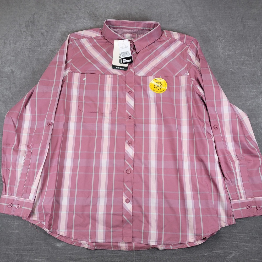 Berne Womens 2XL Pink Plaid Long Sleeve Button Down Fishing Shirt Hiking New